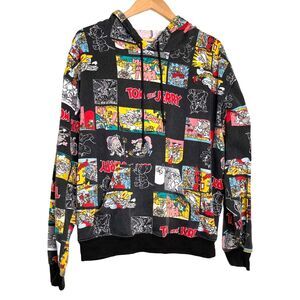 Tom And Jerry Graphic Print Comic All Over Black Pullover Hoodie Size Large L